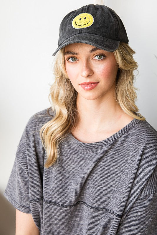 Baseball Cap with Sequin Smiley Face Patch