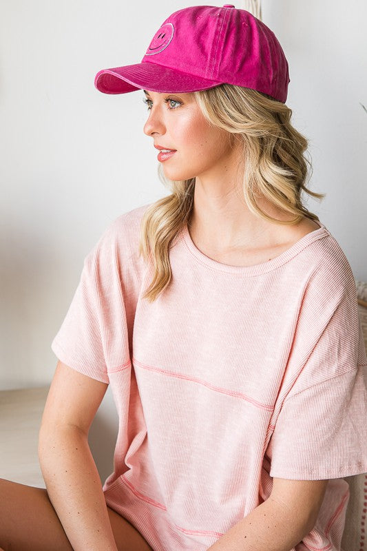 Baseball Cap with Sequin Smiley Face Patch