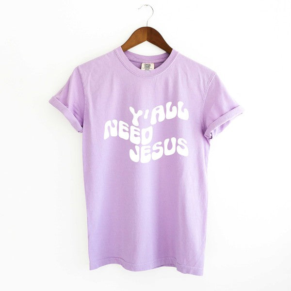 Retro Y'all Need Jesus Wavy Garment Dyed Tee