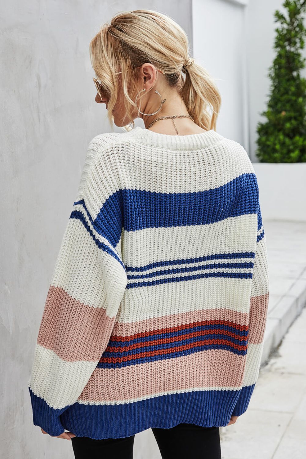 Striped Round Neck Dropped Shoulder Knit Pullover